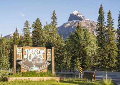 Johnston Canyon roadside signage and view of pilot mountain