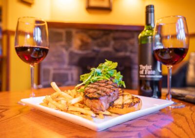 steak and fries in a cabin at Johnston Canyon Lodge and bungalows in Banff National Park
